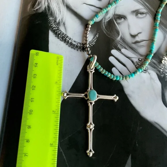Taxco Silver Cross Necklace with Turquoise Center Stone - Picture 8 of 13